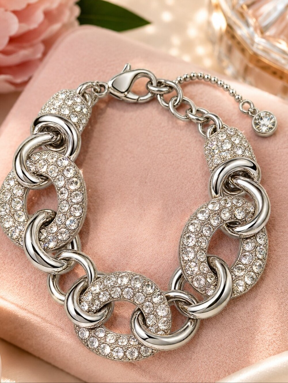 Silver Tone Rhinestone Chunky Link Adjustable Bracelet Sparkle
